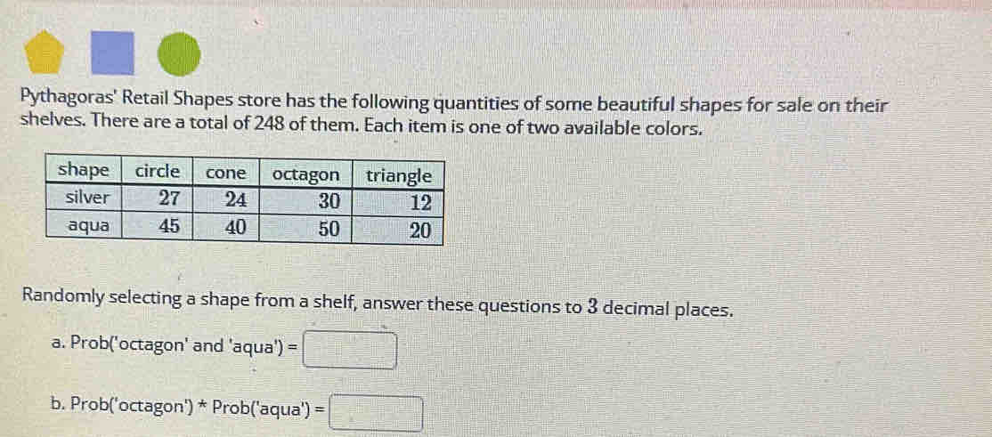 = 
Pythagoras' Retail Shapes store has the following quantities of some beautiful shapes for sale on their 
shelves. There are a total of 248 of them. Each item is one of two available colors. 
Randomly selecting a shape from a shelf, answer these questions to 3 decimal places. 
a. Prob('octagon' and 'aqua') =□ 
b. Prob(' _  ctagon') * Prob('aqua') =□