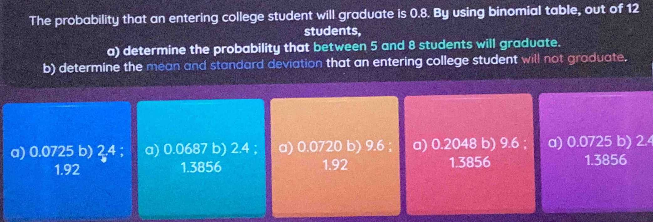 The probability that an entering college student will graduate is 0.8. By using binomial table, out of 12
students,
a) determine the probability that between 5 and 8 students will graduate.
b) determine the mean and standard deviation that an entering college student will not graduate.
a) 0.0725 b) ?4 ; a) 0.0687 b) 2.4; a) 0.0720 b) 9.6; a) 0.2048 b) 9.6 a) 0.0725 b) 2.4
1.92 1.3856 1.3856 1.3856
1.92