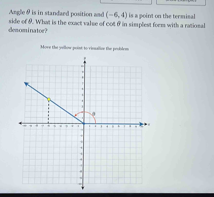 Angle θ is in standard position and (-6,4) is a point on the terminal 
side of θ. What is the exact value of cot θ in simplest form with a rational 
denominator? 
Move the yellow point to visualize the problem