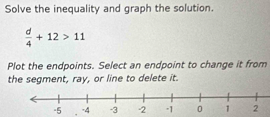 Solve the inequality and graph the solution.
 d/4 +12>11
Plot the endpoints. Select an endpoint to change it from 
the segment, ray, or line to delete it.