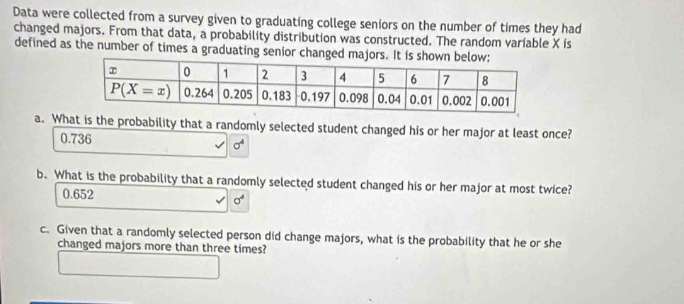 Data were collected from a survey given to graduating college seniors on the number of times they had
changed majors. From that data, a probability distribution was constructed. The random variable X ís
defined as the number of times a graduating senior changed majors. I
a. What is the probability that a randomly selected student changed his or her major at least once?
0.736
sigma^4
b. What is the probability that a randomly selected student changed his or her major at most twice?
0.652
sigma^4
c. Given that a randomly selected person did change majors, what is the probability that he or she
changed majors more than three times?