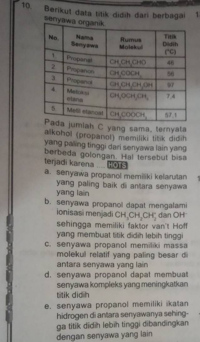 Berikut data titik didih dari berbagai 1
sen
mlah C yang sama, ternyata
alkohol (propanol) memiliki titik didih
yang paling tinggi dari senyawa lain yang
berbeda golongan. Hal tersebut bisa
terjadi karena . HOTS
a. senyawa propanol memiliki kelarutan 1
yang paling baik di antara senyawa
yang lain
b. senyawa propanol dapat mengalami
ionisasi menjadi CH_3CH_2CH_2^+ dan OH 
sehingga memiliki faktor van't Hoff
yang membuat titik didih lebih tinggi
c. senyawa propanol memiliki massa
molekul relatif yang paling besar di
antara senyawa yang lain
d. senyawa propanol dapat membuat
senyawa kompleks yang meningkatkan
titik didih
e. senyawa propanol memiliki ikatan
hidrogen di antara senyawanya sehing-
ga titik didih lebih tinggi dibandingkan
dengan senyawa yang lain