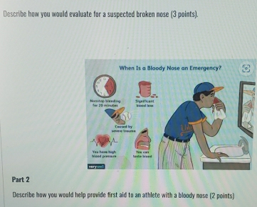 Describe how you would evaluate for a suspected broken nose (3 points). 
Part 2 
Describe how you would help provide first aid to an athlete with a bloody nose (2 points)