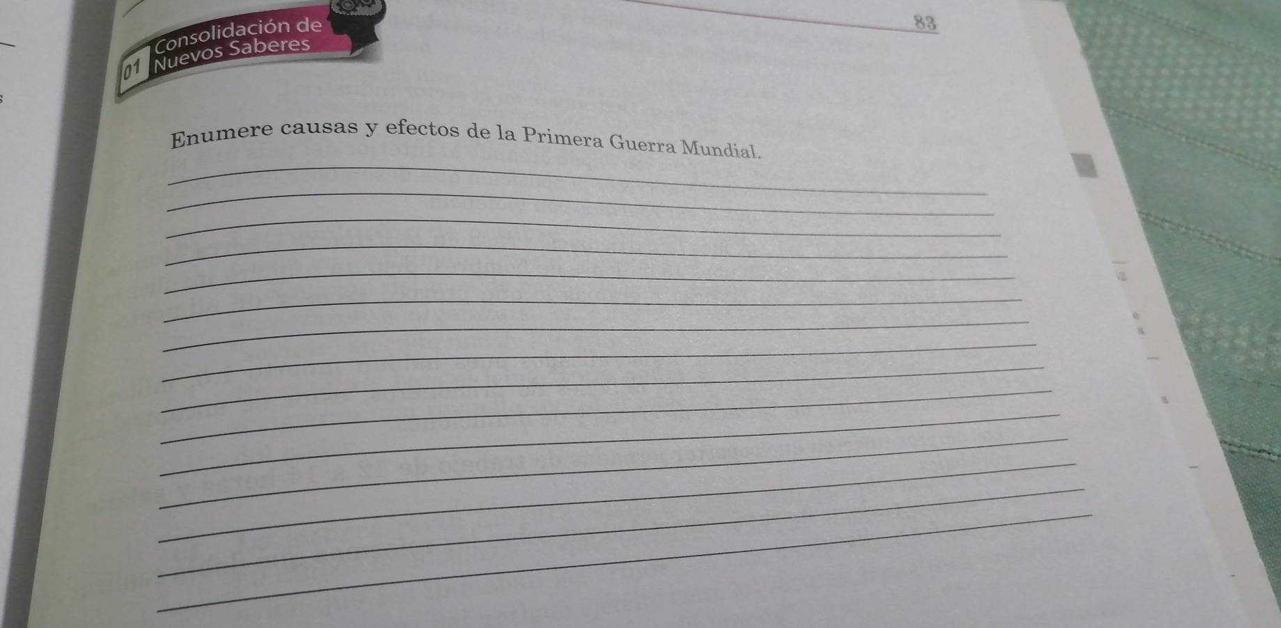 Consolidación de 
_ 
83 
01 Nuevos Saberes 
_ 
Enumere causas y efectos de la Primera Guerra Mundial. 
_ 
_ 
_ 
_ 
_ 
_ 
_ 
_ 
_ 
_ 
_ 
_ 
_ 
_