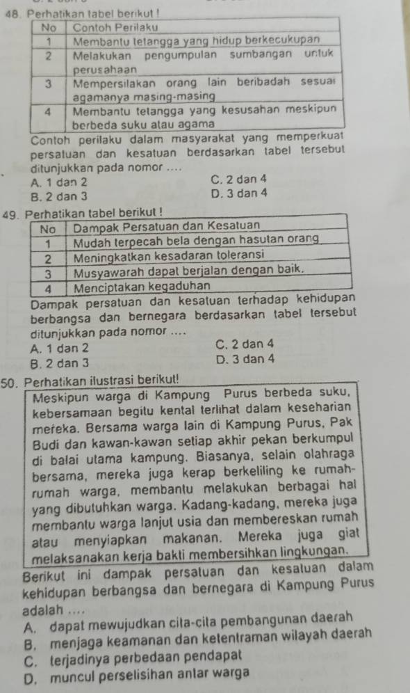 Contoh perilaku dalam masyarakat yang m
persatuan dan kesatuan berdasarkan tabel tersebut
ditunjukkan pada nomor ....
A. 1 dan 2 C. 2 dan 4
B. 2 dan 3 D. 3 dan 4
4tabel berikut !
Dampak persatuan dan kesatuan te
berbangsa dan bernegara berdasarkan tabel tersebut
ditunjukkan pada nomor ....
A. 1 dan 2 C. 2 dan 4
B. 2 dan 3 D. 3 dan 4
50. Perhatikan ilustrasi berikut!
Meskipun warga di Kampung Purus berbeda suku,
kebersamaan begitu kental terlihat dalam keseharian
mereka. Bersama warga lain di Kampung Purus, Pak
Budi dan kawan-kawan setiap akhir pekan berkumpul
di balai utama kampung. Biasanya, selain olahraga
bersama, mereka juga kerap berkeliling ke rumah-
rumah warga, membantu melakukan berbagai hal
yang dibutuhkan warga. Kadang-kadang, mereka juga
membantu warga lanjut usia dan membereskan rumah
atau menyiapkan makanan. Mereka juga giat
melaksanakan kerja bakti membersihkan lingkungan.
Berikut ini dampak persatuan dan kesatuan dalam
kehidupan berbangsa dan bernegara di Kampung Purus
adalah ....
A. dapat mewujudkan cita-cita pembangunan daerah
B. menjaga keamanan dan ketentraman wilayah daerah
C. terjadinya perbedaan pendapat
D. muncul perselisihan antar warga