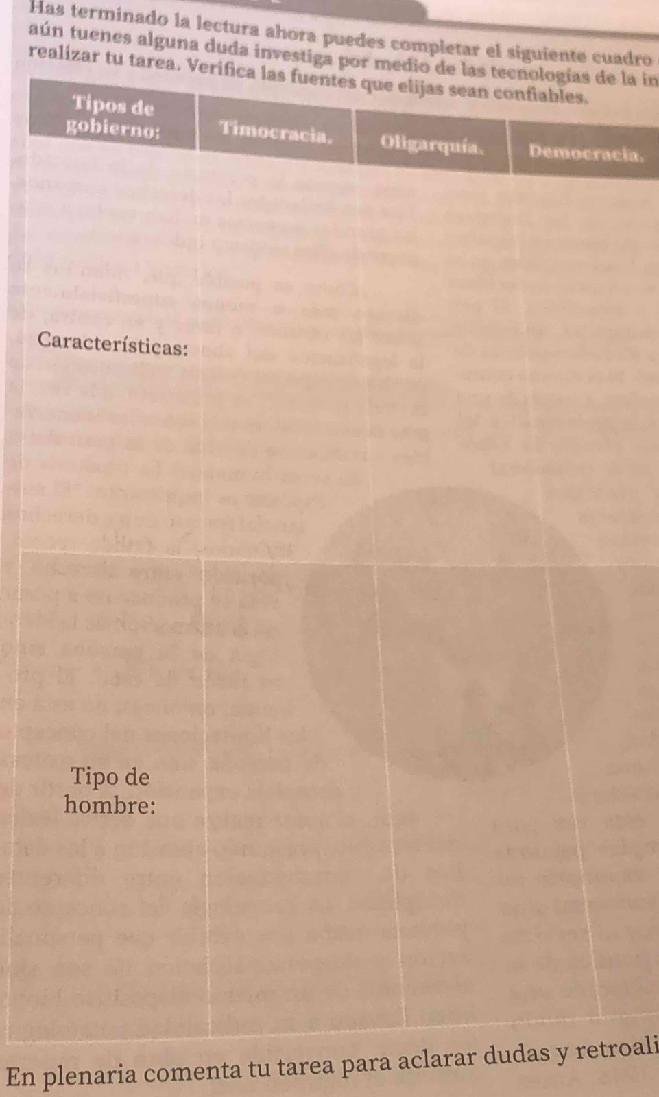 Has terminado la lectura ahora puedes completar el siguientuadro 
taún tuenes alguna duda invee la in 
realiza 
acia. 
C 
En plenaria comenta tu tarea para aclarar dudas y retroali