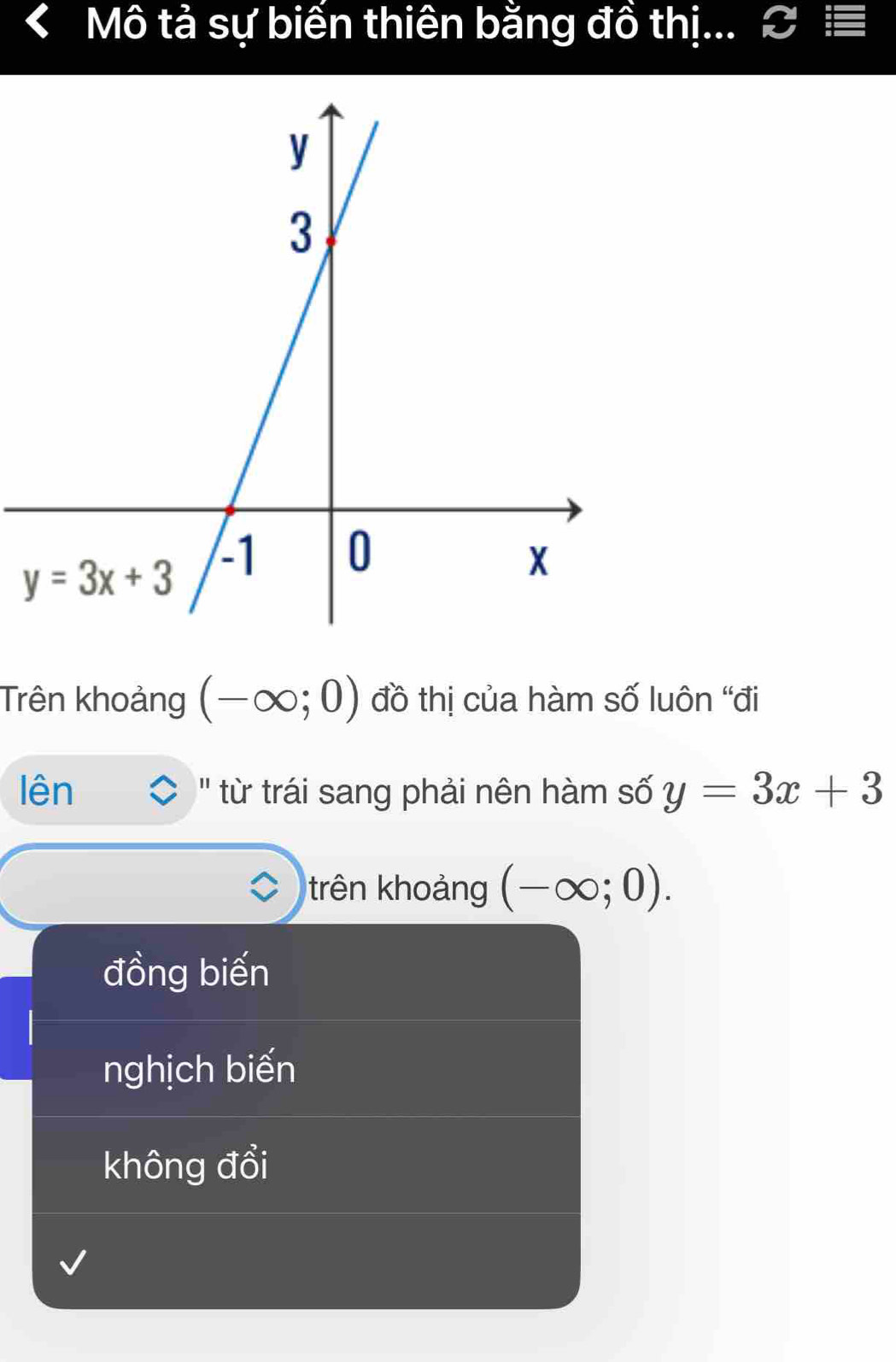 Mô tả sự biển thiên bằng đồ thị...
Trên khoảng (-∈fty ;0) đồ thị của hàm số luôn 'đi
lên ' từ trái sang phải nên hàm số y=3x+3
trên khoảng (-∈fty ;0).
đồng biến
nghịch biến
không đổi