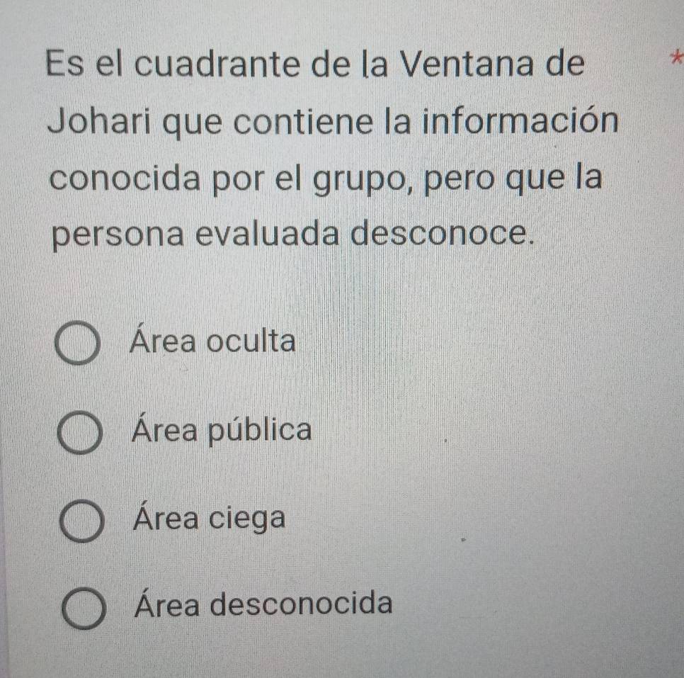 Es el cuadrante de la Ventana de
*
Johari que contiene la información
conocida por el grupo, pero que la
persona evaluada desconoce.
Área oculta
Área pública
Área ciega
Área desconocida