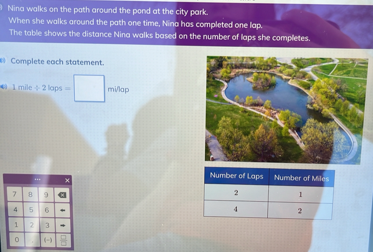 Nina walks on the path around the pond at the city park. 
When she walks around the path one time, Nina has completed one lap. 
The table shows the distance Nina walks based on the number of laps she completes. 
Complete each statement. 
》) 1mile/ 2laps=□ miflap