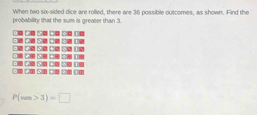 When two six-sided dice are rolled, there are 36 possible outcomes, as shown. Find the 
probability that the sum is greater than 3.
P(sum>3)=□