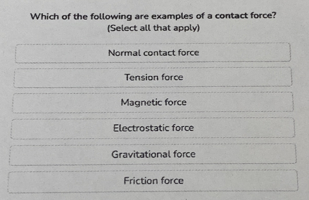 Solved: Which of the following are examples of a contact force? (Select ...