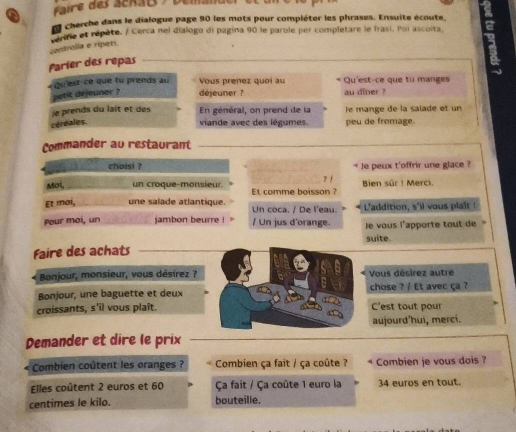 Faire des ch at 
d cherche dans le dialogue page 90 les mots pour compléter les phrases. Ensuite écoute, 
vérife et répète. / Cerca nel dialogo di pagina 90 le parole per completare le frasi. Poi ascoita, a 
centrolla e ripeti. 
Parier des repas 
a 
Qu'est-ce que tu prends au Vous prenez quoi au Qu'est-ce que tu manges 
petit dejeuner ? déjeuner ? au dîner ? 
e prends du lait et des En général, on prend de la Je mange de la saiade et un 
céréales. viande avec des légumes. peu de fromage. 
Commander au restaurant 
choisi ? Je peux t'offrir une glace ? 
? / 
Moi, un croque-monsieur. Bien sûr ! Merci. 
Et comme boisson ? 
Et moi, une salade atlantique. 
Un coca. / De l'eau. L'addition, s'il vous plaît ! 
Pour moi, un jambon beurre ! / Un jus d'orange. Je vous l'apporte tout de 
suite. 
Faire des achats 
Bonjour, monsieur, vous désirez ? Vous désirez autre 
chose ? / Et avec ça ? 
Bonjour, une baguette et deux 
croissants, s’il vous plaît. C’est tout pour 
aujourd'hui, merci. 
Demander et dire le prix 
Combien coûtent les oranges ? Combien ça fait / ça coûte ? Combien je vous dois ? 
Elles coûtent 2 euros et 60 Ça fait / Ça coûte 1 euro la 34 euros en tout. 
centimes le kilo. bouteille.