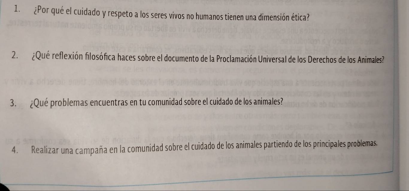 ¿Por qué el cuidado y respeto a los seres vivos no humanos tienen una dimensión ética? 
2. ¿Qué reflexión filosófica haces sobre el documento de la Proclamación Universal de los Derechos de los Animales? 
3. ¿Qué problemas encuentras en tu comunidad sobre el cuidado de los animales? 
4. Realizar una campaña en la comunidad sobre el cuidado de los animales partiendo de los principales problemas.