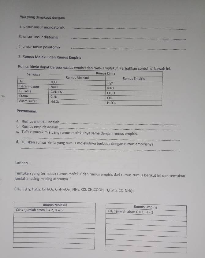 Apa yang dimaksud dengan:
a. unsur-unsur monoatomik ;_
b. unsur-unsur diatomik :_
c. unsur-unsur poliatomik_
2. Rumus Molekul dan Rumus Empiris
Rumus kimia dapat berupa rumus empiris da
Pertanyaan:
a. Rumus molekul adalah_
b. Rumus empiris adalah_
_
c. Tulis rumus kimia yang rumus molekulnya sama dengan rumus empiris.
_
d. Tuliskan rumus kimia yang rumus molekulnya berbeda dengan rumus empirisnya.
Latihan 1
Tentukan yang termasuk rumus molekul dan rumus empiris dari rumus-rumus berikut ini dan tentukan
jumlah masing-masing atomnya. '
CH_4,C_2H_4,H_2O_2,C_4H_8O_2,C_12H_22O_11,NH_3,KCl,CH_3COOH,H_2C_2O_4,CO(NH_2)_2