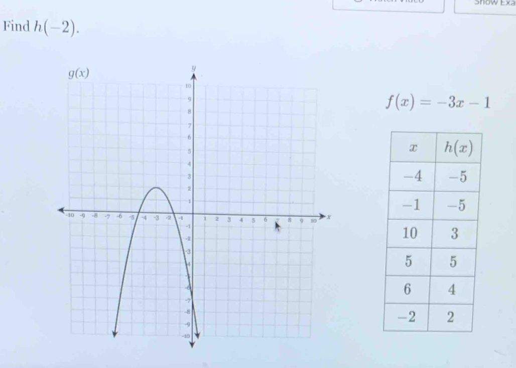 Show Exa
Find h(-2).
f(x)=-3x-1