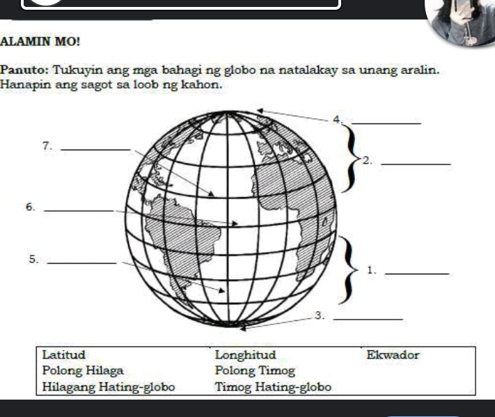 Solved: ALAMIN MO! Panuto: Tukuyin ang mga bahagi ng globo na natalakay ...