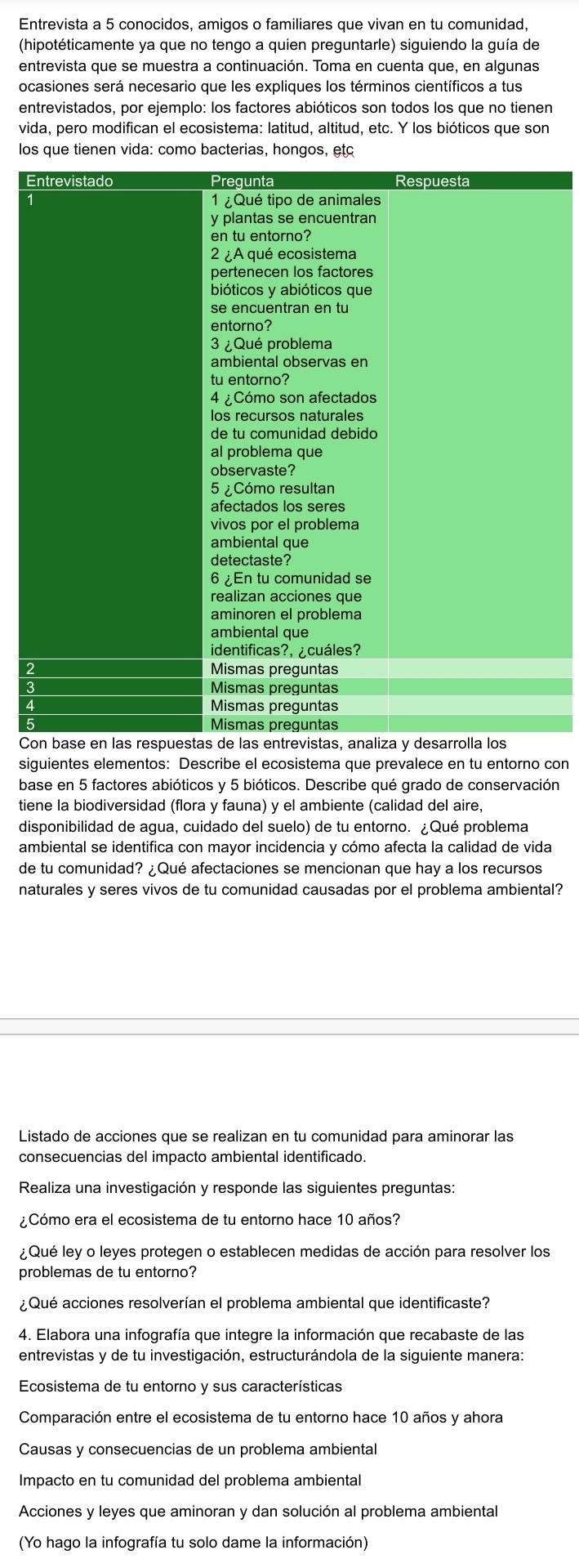 Entrevista a 5 conocidos, amigos o familiares que vivan en tu comunidad,
(hipotéticamente ya que no tengo a quien preguntarle) siguiendo la guía de
entrevista que se muestra a continuación. Toma en cuenta que, en algunas
ocasiones será necesario que les expliques los términos científicos a tus
entrevistados, por ejemplo: los factores abióticos son todos los que no tienen
vida, pero modifican el ecosistema: latitud, altitud, etc. Y los bióticos que son
los que tienen vida: como bacterias, hongos, etc
E
1
2
3
4
5
C
siguientes elementos: Describe el ecosistema que prevalece en tu entorno con
base en 5 factores abióticos y 5 bióticos. Describe qué grado de conservación
tiene la biodiversidad (flora y fauna) y el ambiente (calidad del aire,
disponibilidad de agua, cuidado del suelo) de tu entorno. ¿Qué problema
ambiental se identifica con mayor incidencia y cómo afecta la calidad de vida
de tu comunidad? ¿Qué afectaciones se mencionan que hay a los recursos
naturales y seres vivos de tu comunidad causadas por el problema ambiental?
Listado de acciones que se realizan en tu comunidad para aminorar las
consecuencias del impacto ambiental identificado.
Realiza una investigación y responde las siguientes preguntas:
¿Cómo era el ecosistema de tu entorno hace 10 años?
¿Qué ley o leyes protegen o establecen medidas de acción para resolver los
problemas de tu entorno?
¿Qué acciones resolverían el problema ambiental que identificaste?
4. Elabora una infografía que integre la información que recabaste de las
entrevistas y de tu investigación, estructurándola de la siguiente manera:
Ecosistema de tu entorno y sus características
Comparación entre el ecosistema de tu entorno hace 10 años y ahora
Causas y consecuencias de un problema ambiental
Impacto en tu comunidad del problema ambiental
Acciones y leyes que aminoran y dan solución al problema ambiental
(Yo hago la infografía tu solo dame la información)