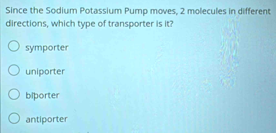 Since the Sodium Potassium Pump moves, 2 molecules in different
directions, which type of transporter is it?
symporter
uniporter
biporter
antiporter