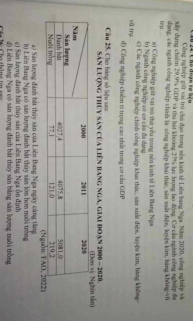 Cho đoạn tư liệu
Công nghiệp giữ vai trò chủ đạo trong nền kinh tế Liên bang Nga. Năm 2020, công nghiệp và
xây dựng chiếm 29.9% GDP và thu hút khoang 27% lực lượng lao động. Cơ cầu ngành công nghiệp đa
dang, các ngành công nghiệp chính là: công nghiệp khai thác, sản xuất điện, luyện kim, hàng không-vũ
trụ
a) Công nghiệp giữ vai trò thứ yếu trong nền kinh tế Liên Bang Nga.
b) Ngành công nghiệp có cơ cầu đa dạng
c) Các ngành công nghiệp chính công nghiệp khai thác, sản xuất điện, luyện kim, hàng không-
vũ trụ
d) Công nghiệp chiếm ti trọng cao nhất trong cơ cấu GDP
Câu 25. Cho bảng số liệu sau
Sản lượng thủy sản của liên bang nga, giai đoạn 2000 - 2020.
ấn)
a) Sản lượng đánh bắt thủy sản của Liên Bang Nga ngày cảng tăng
b) Liên Bang Nga có sản lượng đánh bắt thủy sản lớn hơn nuôi trồng
c) Sản lượng đánh bắt thủy sản của Liên Bang Nga ồn định
d) Liên Bang Nga có sản lượng đánh bắt thủy sản bằng sản lượng nuôi trồng
Cân 1: Cho thông tin sa u