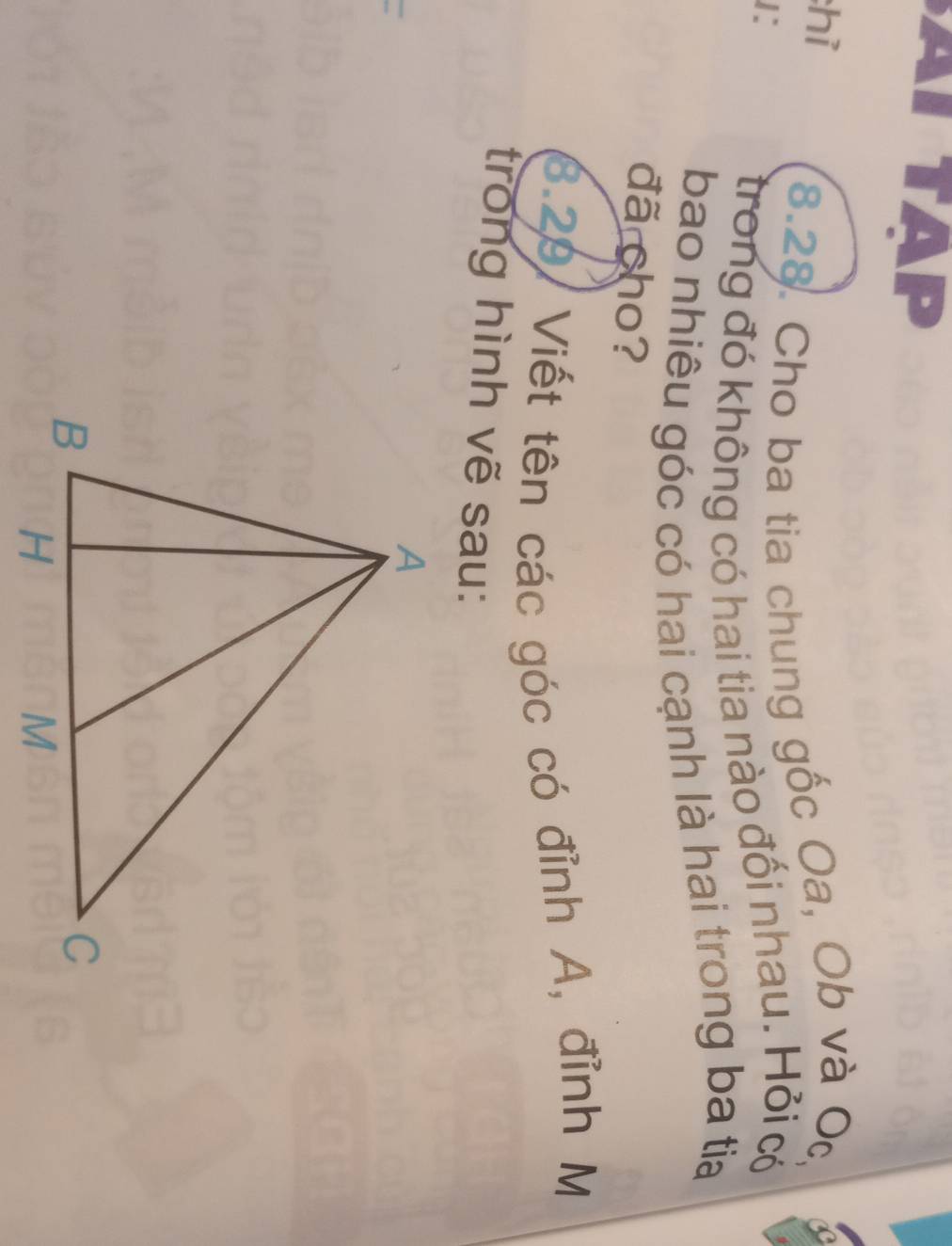 ai Tập 
hỉ 
8.28. Cho ba tia chung gốc Oa, Ob và Oc, 
1: 
trong đó không có hai tia nào đổi nhau. Hỏi có 
bao nhiêu góc có hai cạnh là hai trong ba tia 
đã cho? 
3.29, Viết tên các góc có đỉnh A, đỉnh M 
trong hình vẽ sau: