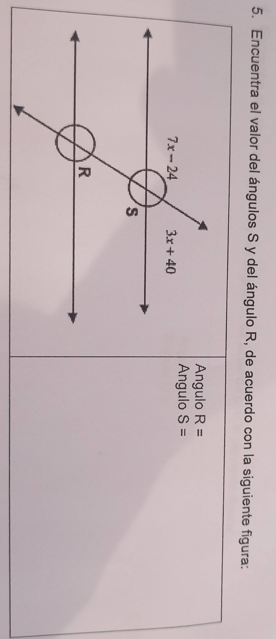 Encuentra el valor del ángulos S y del ángulo R, de acuerdo con la siguiente figura:
Angulo R=
Angulo S=