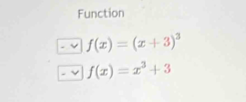 Function
f(x)=(x+3)^3
f(x)=x^3+3