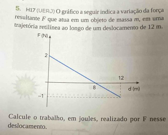 H17 (UERJ) O gráfico a seguir indica a variação da força 
resultante F que atua em um objeto de massa m, em uma 
trajetória retilínea ao longo de um deslocamento de 12 m. 
Calcule o trabalho, em joules, realizado por F nesse 
deslocamento.