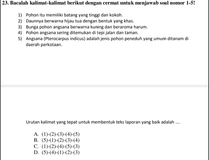 Bacalah kalimat-kalimat berikut dengan cermat untuk menjawab soal nomor 1-5!
1) Pohon itu memiliki batang yang tinggi dan kokoh.
2) Daunnya berwarna hijau tua dengan bentuk yang khas.
3) Bunga pohon angsana berwarna kuning dan beraroma harum.
4) Pohon angsana sering ditemukan di tepi jalan dan taman.
5) Angsana (Pterocarpus indicus) adalah jenis pohon peneduh yang umum ditanam di
daerah perkotaan.
Urutan kalimat yang tepat untuk membentuk teks laporan yang baik adalah ....
A. (1)-(2)-(3)-(4)-(5)
B. (5)-(1)-(2)-(3)-(4)
C. (1)-(2)-(4)-(5)-(3)
D. (5)-(4)-(1)-(2)-(3)