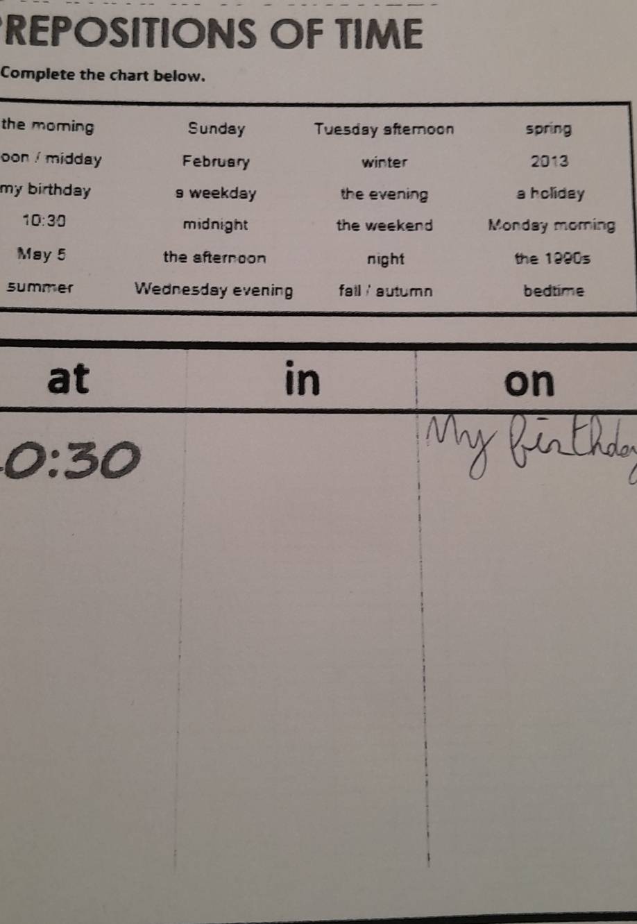 REPOSITIONS OF TIME 
Complete the chart below. 
the moming Sunday Tuesday afteroon spring 
oon / midday February winter 2013 
my birthday . s weekday the evening a holiday 
10:30 
midnight the weekend Monday moring 
May 5 the afternoon night the 1990s 
summer Wednesday evening fail autumn bedtime 
at 
in 
on 
0:30