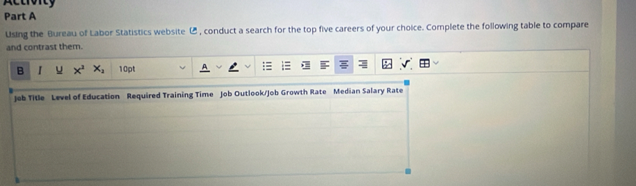 Actioity 
Part A 
Using the Bureau of Labor Statistics website C , conduct a search for the top five careers of your choice. Complete the following table to compare 
and contrast them. 
B I u X^2 X_2 10pt 
Jeb Title Level of Education Required Training Time Job Outlook/Job Growth Rate Median Salary Rate