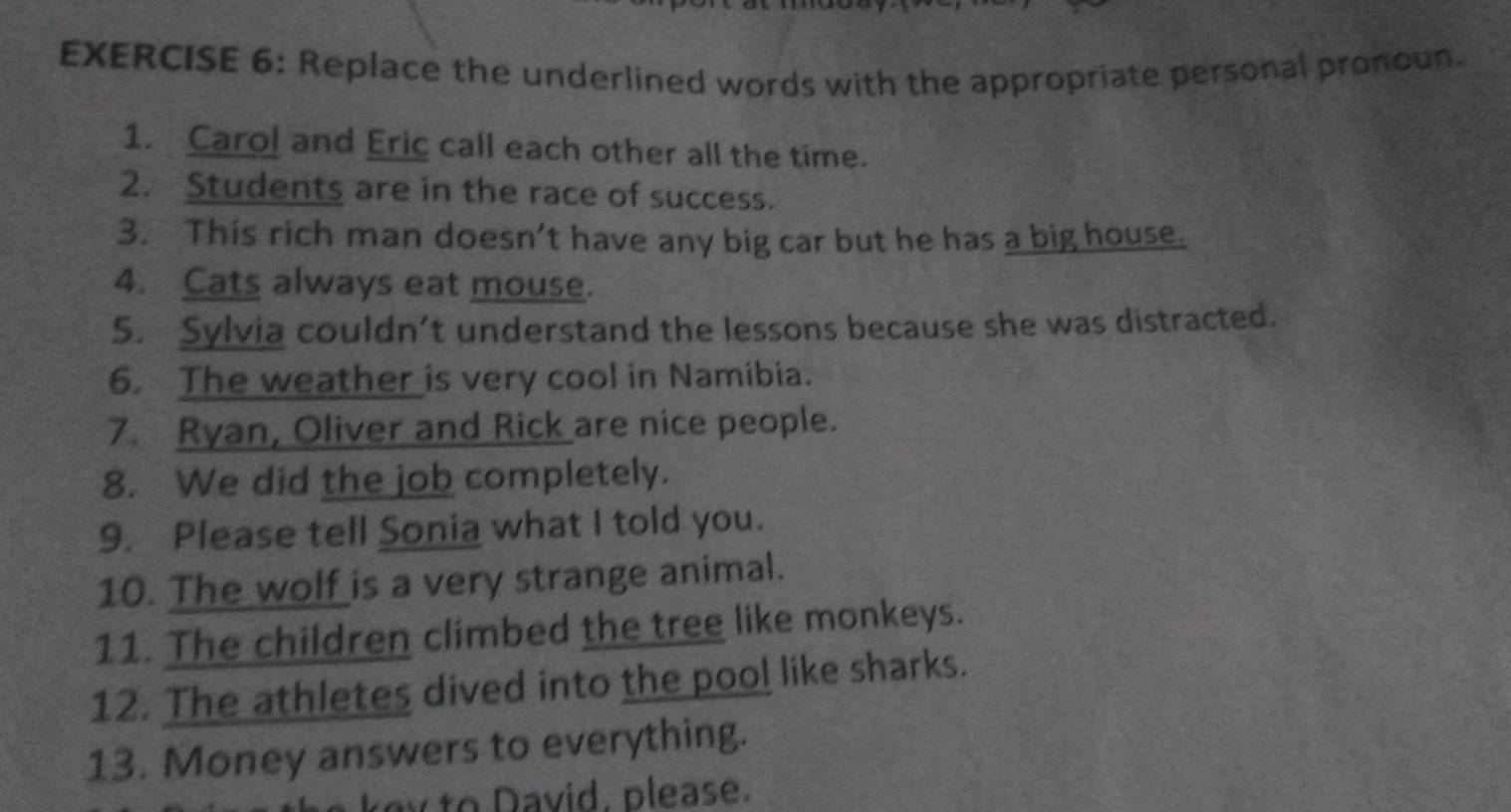 Replace the underlined words with the appropriate personal pronoun. 
1. Carol and Eric call each other all the time. 
2. Students are in the race of success. 
3. This rich man doesn’t have any big car but he has a big house. 
4. Cats always eat mouse. 
5. Sylvia couldn’t understand the lessons because she was distracted. 
6. The weather is very cool in Namíbia. 
7. Ryan, Oliver and Rick are nice people. 
8. We did the job completely. 
9. Please tell Sonia what I told you. 
10. The wolf is a very strange animal. 
11. The children climbed the tree like monkeys. 
12. The athletes dived into the pool like sharks. 
13. Money answers to everything. 
a vid, please.