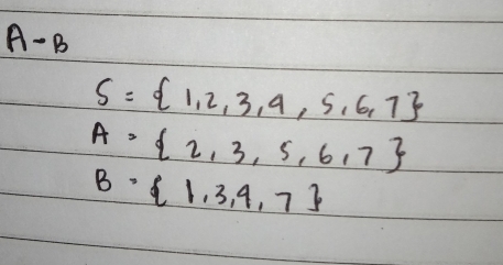 A-B
S= 1,2,3,4,5,6,7
A= 2,3,5,6,7
B= 1,3,4,7