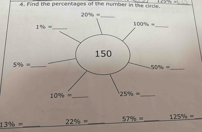 125% =
4. Find the percentages of the number in the circle.
57% = _ 125% = _
_ 13% =
_ 22% =