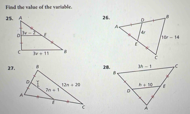 Find the value of the variable.
25.26.
 
27.28.