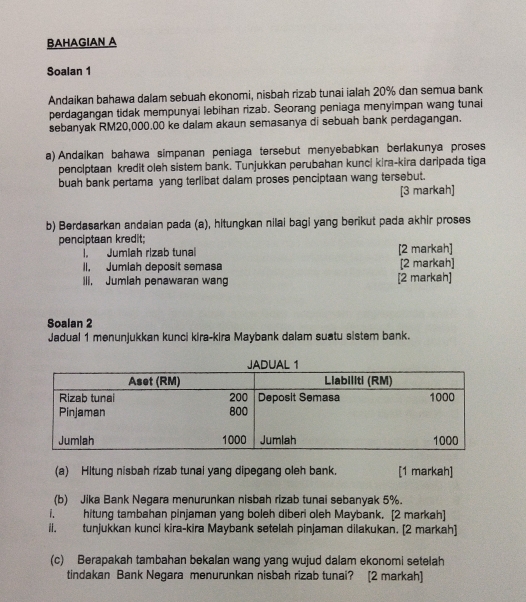 BAHAGIAN A 
Soalan 1 
Andaikan bahawa dalam sebuah ekonomi, nisbah rizab tunai ialah 20% dan semua bank 
perdagangan tidak mempunyai lebihan rizab. Seorang peniaga menyimpan wang tunai 
sebanyak RM20,000.00 ke dalam akaun semasanya di sebuah bank perdagangan. 
a) Andaikan bahawa simpanan peniaga tersebut menyebabkan berlakunya proses 
penciptaan kredit oleh sistem bank. Tunjukkan perubahan kunci kira-kira daripada tiga 
buah bank pertama yang terlibat dalam proses penciptaan wang tersebut. 
[3 markah] 
b) Berdasarkan andaian pada (a), hitungkan nilai bagi yang berikut pada akhir proses 
penciptaan kredit; [2 markah] 
l. Jumiah rizab tunal 
II. Jumlah deposit semasa [2 markah] 
Ili. Jumlah penawaran wang [2 markah] 
Soalan 2 
Jadual 1 menunjukkan kunci kira-kira Maybank dalam suatu sistem bank. 
(a) Hltung nisbah rizab tunai yang dipegang oleh bank. [1 markah] 
(b) Jika Bank Negara menurunkan nisbah rizab tunai sebanyak 5%. 
i. hitung tambahan pinjaman yang boleh diberi oleh Maybank. [2 markah] 
ii. tunjukkan kunci kira-kira Maybank setelah pinjaman dilakukan. [2 markah] 
(c) Berapakah tambahan bekalan wang yang wujud dalam ekonomi setelah 
tindakan Bank Negara menurunkan nisbah rizab tunai? [2 markah]