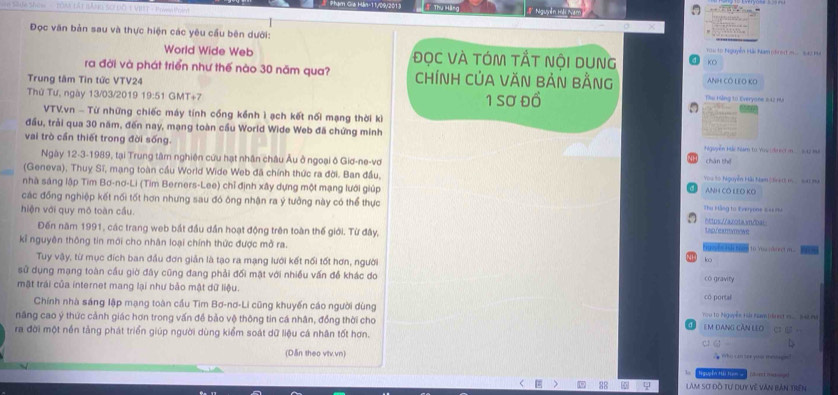 Gia Hán-11y0w2011 # Thu Máng  Nguyễn Hi Nam
.
a
Đọc văn bản sau và thực hiện các yêu cầu bên dưới: You to Nguyễn Hải Nam nhr e m sao ha
World Wide Web ĐọC VÀ tÓm tẤt nội dung KO
ra đời và phát triển như thế nào 30 năm qua? CHÍNH CỦA VĂN BẢN BẢNG ANH CO LEO KO
Trung tâm Tin tức VTV24 1 Sơ Đồ Thu tông 10 Everyone 842 14
Thứ Tư, ngày 13/03/2019 1 9:8 1 GMT+7
       
VTV.vn - Từ những chiếc máy tính cổng kểnh ì ạch kết nổi mạng thời ki
đầu, trải qua 30 năm, đến nay, mạng toàn cầu World Wide Web đã chứng minh
vai trò cần thiết trong đời sống. Mguyễn Mái Nam từ You dee m  s uự hệ
Ngày 12-3-1989, tại Trung tâm nghiên cứu hạt nhân châu Âu ở ngoại ô Giơ-ne-vơ chán thē
(Geneva), Thuy Sĩ, mạng toàn cầu World Wide Web đã chính thức ra đời. Ban đầu,  You to Nguyễn Hài Nam (Sret) m, sư nu
nhà sáng lập Tìm Bơ-nơ-Li (Tim Berners-Lee) chỉ định xây dựng một mạng lưới giúp Thu Hãng to Everyone =46968 ANH CO LEO KO
các đồng nghiệp kết nối tốt hơn nhưng sau đó ông nhận ra ý tưởng này có thể thực nttps://axota.vn/bal
hiện với quy mô toàn cầu. tacu'exmymwe
Đến năm 1991, các trang web bắt đầu dần hoạt động trên toàn thế giới. Từ đây,
kỉ nguyên thông tin mới cho nhân loại chính thức được mở ra. Suwbscon to you drect m  .
Tuy vậy, từ mục đích ban đầu đơn giản là tạo ra mạng lưới kết nối tốt hơn, người
k
sử dụng mạng toàn cầu giờ đây cũng đang phải đối mặt với nhiều vấn đề khác do CO gravity
mặt trái của internet mang lại như bảo mật dữ liệu.
co portal
Chính nhà sáng lập mạng toàn cầu Tìm Bơ-nơ-Li cũng khuyến cáo người dùng You to Ngupée Fir nzamtrirest e.al e
năng cao ý thức cảnh giác hơn trong vấn đề bảo vệ thông tin cá nhân, đồng thời cho
Em đạng căN LLO  C1 6 
ra đời một nền tảng phát triển giúp người dùng kiểm soát dữ liệu cá nhân tốt hơn. D
(Dẫn theo vtv.vn)   whu can see yoar mestic  
hgupễn Hả hen  cn n      
Làm sơ đ tự duy về văn bản triên