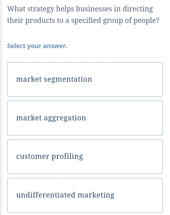 What strategy helps businesses in directing
their products to a specified group of people?
Select your answer.
market segmentation
market aggregation
customer profiling
undifferentiated marketing