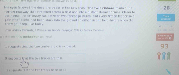 ad the text. The fgure of speech is shown in bold
His eyes followed the deep tire tracks in the new snow. The twin ribbons marked the 28
narrow roadway that stretched across a field and into a distant strand of pines. Closer to
the house, the driveway ran between two fenced pastures, and every fifteen feet or so a elapsed Time
pair of tall sticks had been stuck into the ground on either side to help drivers when the
snow got deep, like today. 00 11 10
From Andrew Clements, A Week in the Woods. Copyright 2002 by Andrew Clements 
What does this metaphor tell you? out or 100 Ω SmartScore
It suggests that the two tracks are criss-crossed. 93
It suggests that the two tracks are thin.
It suggests that the two tracks have color.