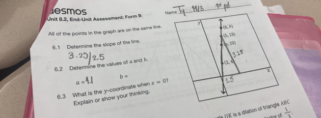 esmos
Unit 8.2, End-Unit Assessment: Form B Na
All of the points in the graph are on the same line.
6.1 Determine the slope of the line.
6.2 Determine the values of a and b.
b=
a=4
6.3 What is the y-coordinate when x=0 7
Explain or show your thinking.
le JJK is a dilation of triang ABC
factor of  1/-3 .