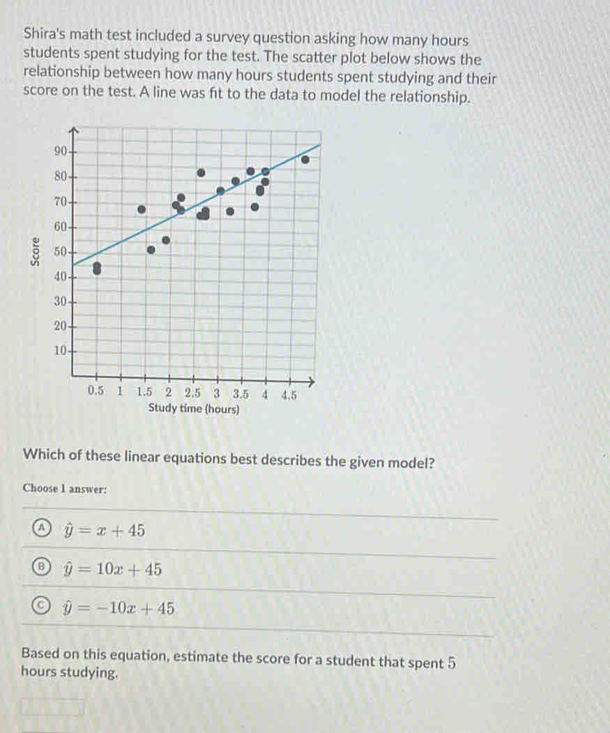 Shira's math test included a survey question asking how many hours
students spent studying for the test. The scatter plot below shows the
relationship between how many hours students spent studying and their
score on the test. A line was ft to the data to model the relationship.
urs)
Which of these linear equations best describes the given model?
Choose 1 answer:
a hat y=x+45
B hat y=10x+45
a hat y=-10x+45
Based on this equation, estimate the score for a student that spent 5
hours studying.