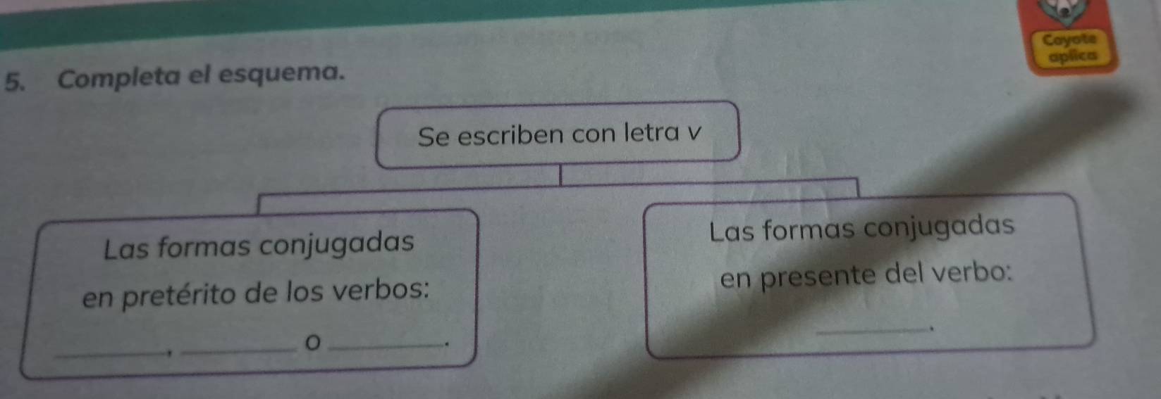 Cayote 
aplica 
5. Completa el esquema. 
Se escriben con letra v 
Las formas conjugadas Las formas conjugadas 
_ 
en pretérito de los verbos: en presente del verbo: 
. 
_, 
_ 
_ 
.