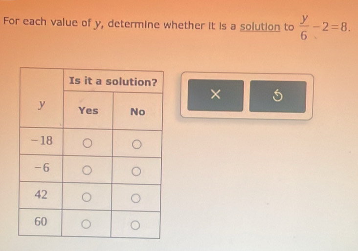 For each value of y, determine whether it is a solution to  y/6 -2=8. 
×