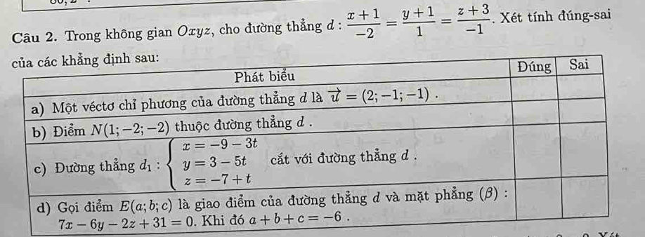 Trong không gian Oxyz, cho đường thẳng đ :  (x+1)/-2 = (y+1)/1 = (z+3)/-1 . Xét tính đúng-sai