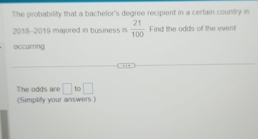 The probability that a bachelor's degree recipient in a certain country in 
2018-2019 majored in business is  21/100  Find the odds of the event 
occurring 
The odds are □ to □ 
(Simplify your answers.)