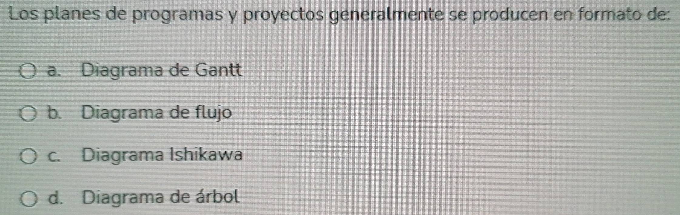 Los planes de programas y proyectos generalmente se producen en formato de:
a. Diagrama de Gantt
b. Diagrama de flujo
c. Diagrama Ishikawa
d. Diagrama de árbol