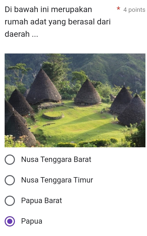 Di bawah ini merupakan 4 points
rumah adat yang berasal dari
daerah ...
Nusa Tenggara Barat
Nusa Tenggara Timur
Papua Barat
Papua