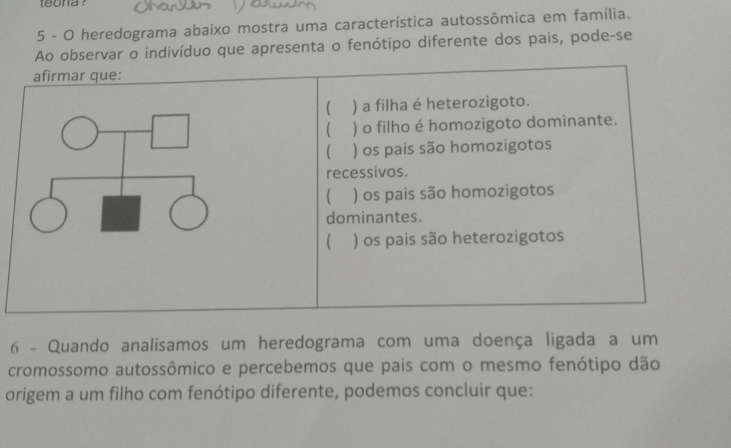 teona ?
5 - O heredograma abaixo mostra uma característica autossômica em família.
Ao observar o indivíduo que apresenta o fenótipo diferente dos pais, pode-se
afirmar que:
 ) a filha é heterozigoto.
 ) o filho é homozigoto dominante.
( ) os pais são homozigotos
recessivos.
 ) os pais são homozigotos
dominantes.
 ) os pais são heterozigotos
6 - Quando analisamos um heredograma com uma doença ligada a um
cromossomo autossômico e percebemos que pais com o mesmo fenótipo dão
origem a um filho com fenótipo diferente, podemos concluir que: