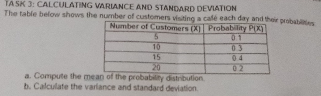 TASK 3: CALCULATING VARIANCE AND STANDARD DEVIATION
The table below shows the number of customers visiting a café each day androbabilities
a. Compute the mrobability distribution
b. Calculate the variance and standard deviation.