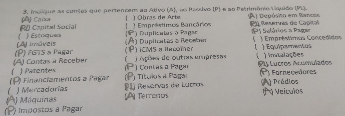 Indique as contas que pertencem ao Ativo (A), ao Passivo (P) e ao Patrimônio Líquido (PL).
C 
C ) Caixa ) Obras de Arte ) Depósito em Bancos
Capital Social ) Empréstimos Bancários ) Reservas de Capital
( ) Estoques ) Duplicatas a Pagar P) Salários a Pagar
C O imóveis ) Duplicatas a Receber ) Empréstimos Concedidos
) FGTS a Pagar ) iCMS a Recolher ) Equipamentos
) Contas a Receber  ) Ações de outras empresas ) Instalações
) Patentes ) Contas a Pagar ) Lucros Acumulados

a
Financiamentos a Pagar ) Títulos a Pagar ) Fornecedores
)Mercadorias ) Reservas de Lucros
) Prédios
) Veículos
) Máquinas ) Terrenos
) Impostos a Pagar