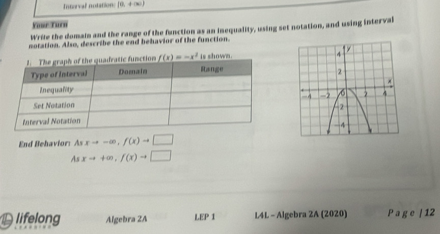 Interval notation [0,+∈fty )
Your Turn
Write the domain and the range of the function as an inequality, using set notation, and using interval
notation. Also, describe the end behavior of the function.
is shown.
End Behavior As xto -∈fty ,f(x)to □
As xto +∈fty ,f(x)to □
D lifelong Algebra 2A LEP 1 L4L - Algebra 2A (2020) P a g e | 12